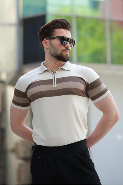 Madmext Ανδρικό μπλουζάκι με ριγέ γιακά πόλο με φερμουάρ E7406