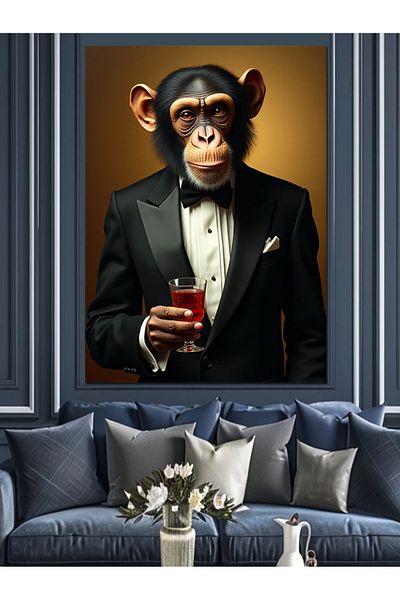Tablomega Stylish Tuxedo Monkey and Tea Decorative Canvas - Mdf Wooden Painting