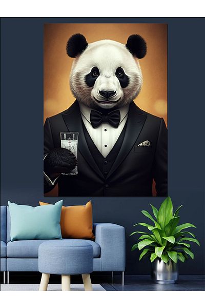 Tablomega Panda și pahar elegant Canvas decorativ - Lemn MDF