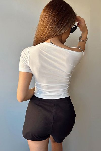 WOMAN VISION Γυναικεία άμμος ύφασμα Draped κοντομάνικη λευκή μπλούζα 13433