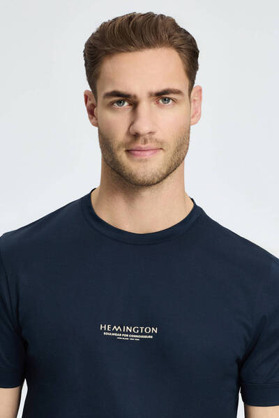 Hemington Printed Mercerized Cotton Navy Blue Crew Neck T-Shirt
