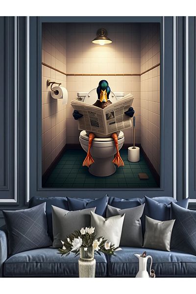 Tablomega Duck Reading Newspaper in the Toilet Decorative Canvas - Mdf Wooden Painting