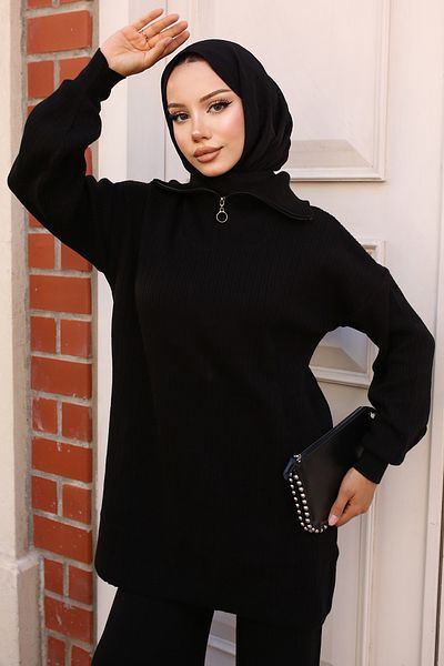 giyze Ribbed Knitwear Suit with Zippered Collar Black 11036-35