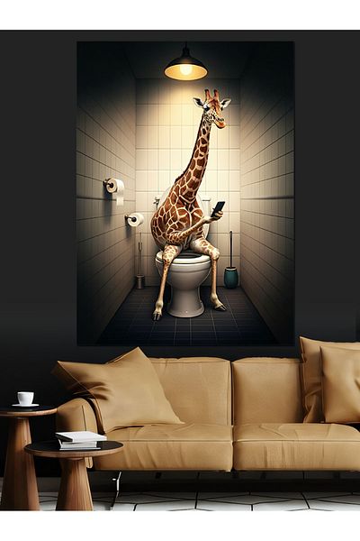 Tablomega Giraffe in the Toilet and Funny Design Decorative Canvas - Mdf Wooden Painting
