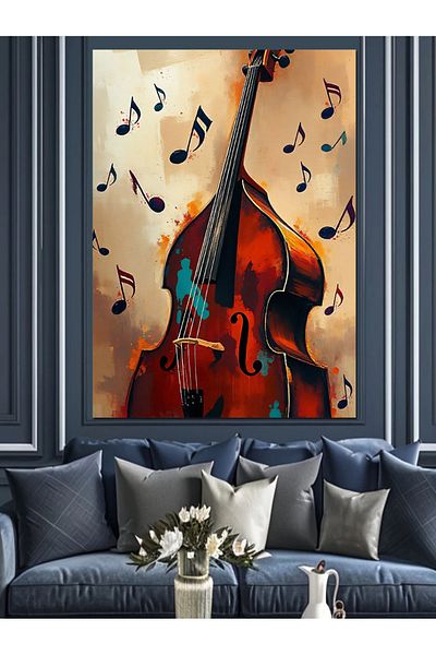 Tablomega Double Bass and Musical Notes Decorative Canvas - Mdf Wooden Table