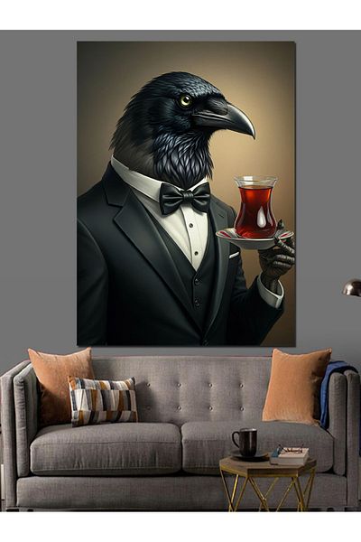 Tablomega Bowtie Crow and Tea Decorative Canvas - Mdf Wooden Painting