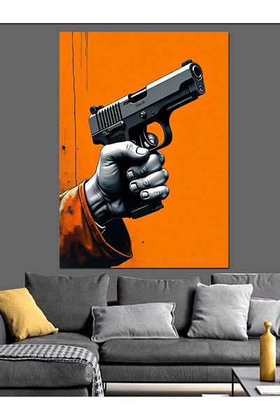 Tablomega Gun Decorative Canvas with Orange Background - Mdf Wooden Painting