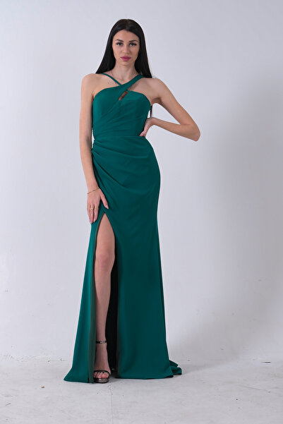 Feminist Kalın Askılı Yırtmaç Detaylı Abiye Zümrüt 1105273