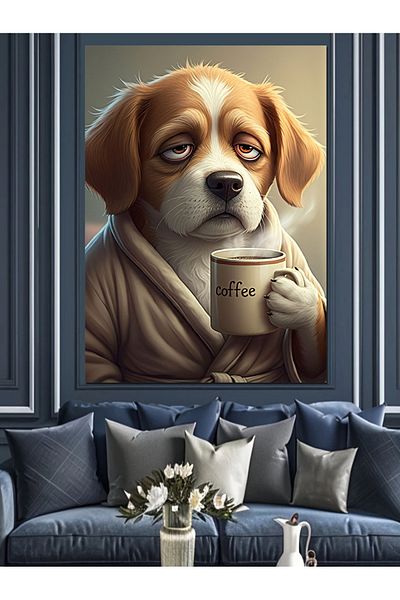 Tablomega Dog Enjoying Coffee Decorative Canvas - Mdf Wooden Painting