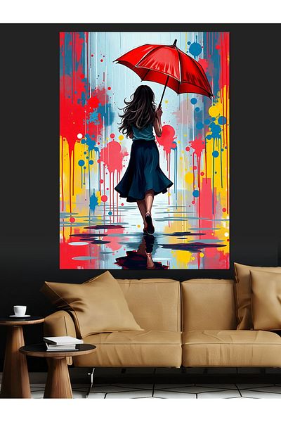 Tablomega Woman with Red Umbrella Decorative Canvas - Mdf Wooden Painting
