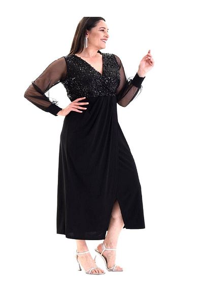 Şirin Butik Rochie de damă, neagră, mărime mare, cu decolteu dublu, cu fante