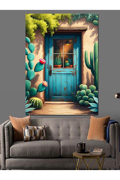 Tablomega Cacti and Blue Door Decorative Canvas - Mdf Wooden Painting