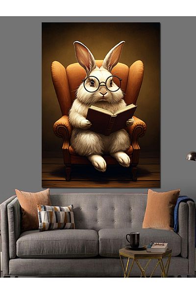 Tablomega Rabbit Reading a Book on a Chair Decorative Canvas - Mdf Wood Table