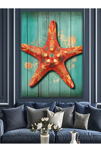 Tablomega Starfish and Turquoise Wooden Decorative Canvas - Mdf Wooden Painting