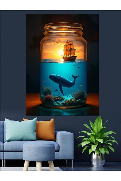Tablomega Lighthouse and Whale in the Sea Decorative Canvas - Mdf Wooden Painting