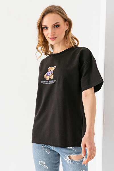 GİYSA Tricou cu imprimeu ursuleț cu gât pentru femei, negru - 25764
