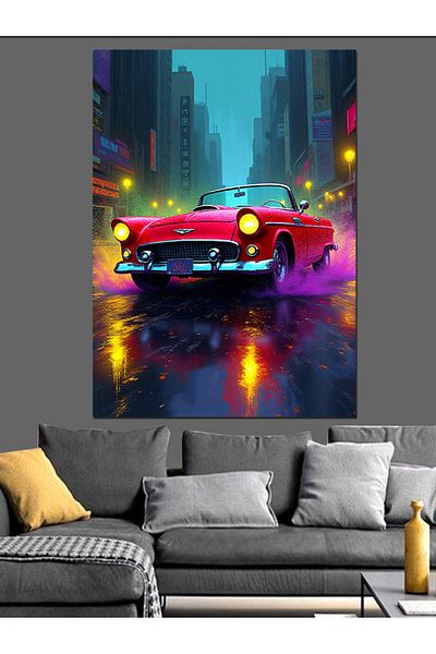 Tablomega Red Classic Car Decorative Canvas in the Shining City - Mdf Wooden Painting