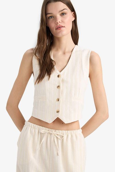 DeFacto Regular Fit V-Neck Linen Blended Blazer Vest D3474Ax25Sp