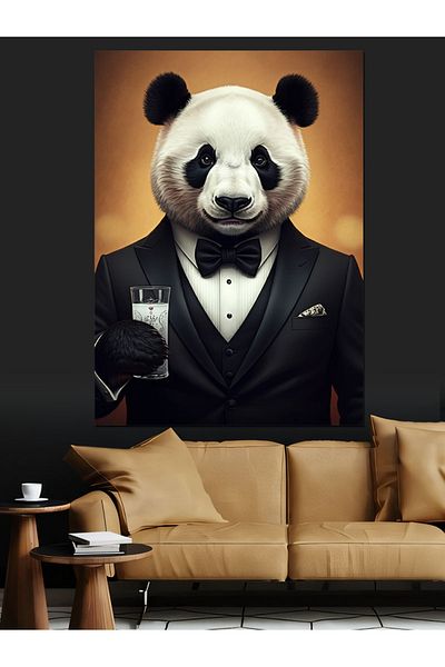 Tablomega Panda și pahar elegant Canvas decorativ - Lemn MDF