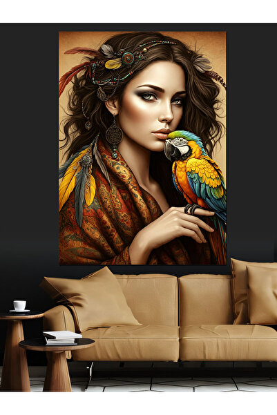 ekart Woman with Parrot Portrait Decorative Canvas - Mdf Wooden Painting