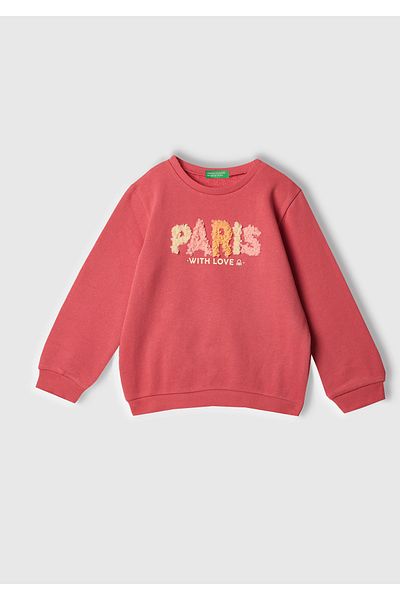 United Colors of Benetton Girl's Fuchsia Graphic Printed Ribbed Crew Neck Sweatshirt