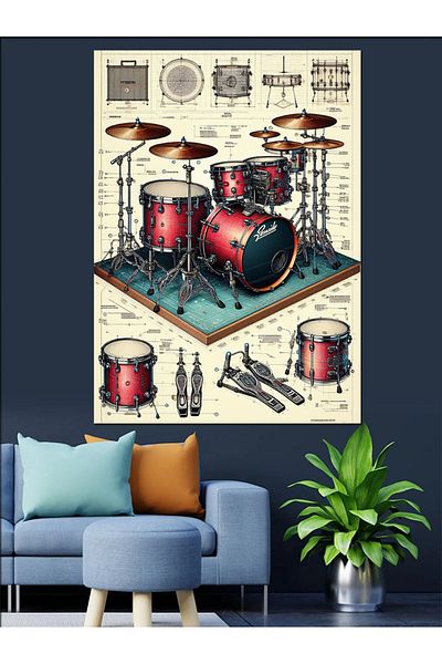 Tablomega Set Tobă Roșie Pânză Decorativă - Lemn MDF