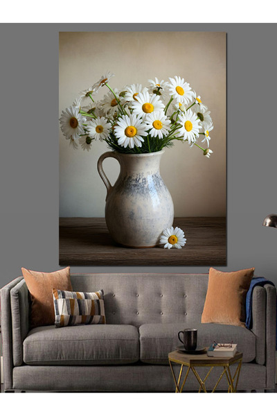KanvasSepeti Mărișoare albe în vază Pictură în ulei Texturată Pânză de înaltă calitate Pictură pe pânză 120 x 60 cm
