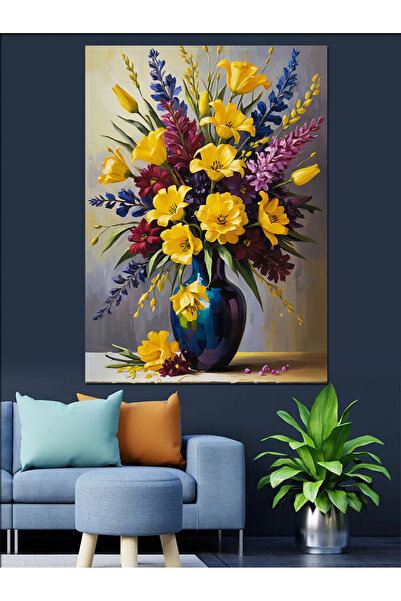 KanvasSepeti Flori galbene în vază Pictură decorativă în ulei Texturată Pânză de înaltă calitate Pictură pe pânză 60 x 40 cm