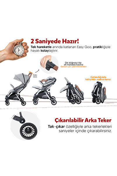 Huggy Easy Go Kabin Boy Hafif ve Portatif Otomatik Katlanır Bebek Arabası Gri