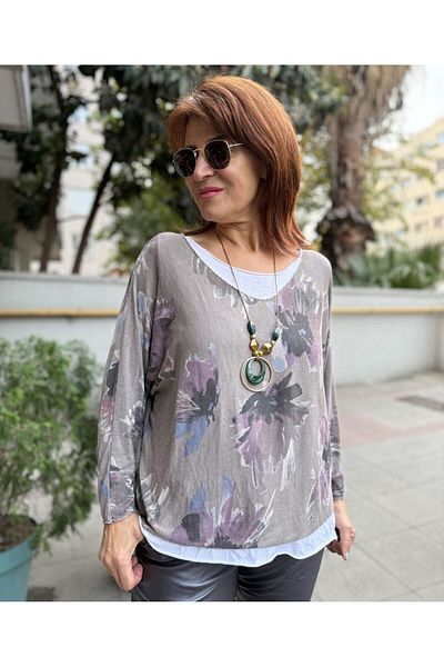 DenizEge Italian Floral Patterned Blouse Mink