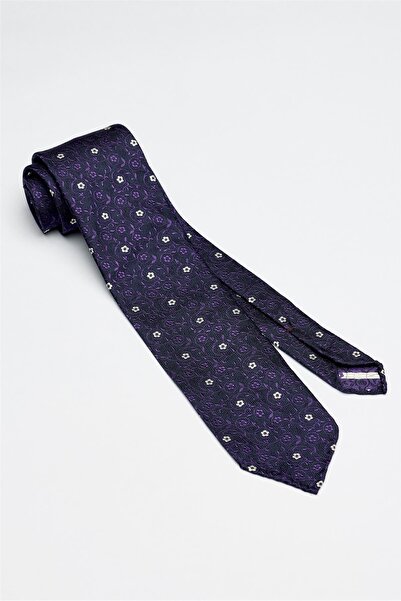 Gani Yalçın Lacivert Mor Beyaz Çiçek Desenli Astarsız İpek Kravat
