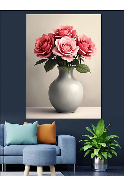 Tablomega Pink Roses and Vase Composition Decorative Canvas - Mdf Wooden Table
