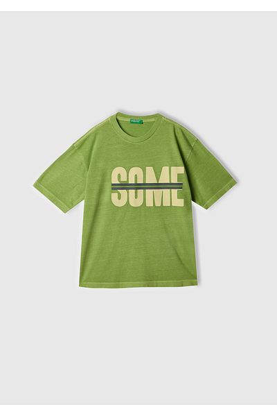 United Colors of Benetton Boy's Pistachio Green Slogan Printed Faded Effect T-Shirt