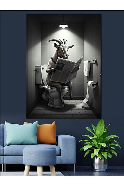 Tablomega Goat in the Toilet Decorative Canvas - Mdf Wooden Table