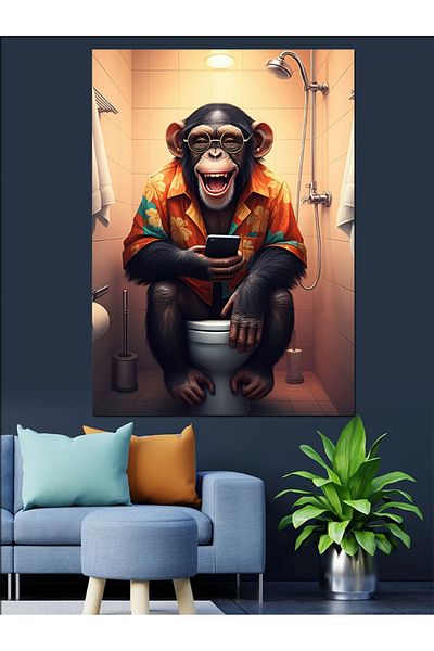 Tablomega The Pleasure of Laughing Monkey in the Toilet Decorative Canvas - Mdf Wooden Painting