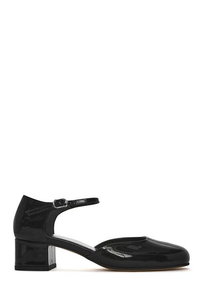 Derimod Women's Black Ankle Buckle Short Thick Heeled Patent Leather Shoes 25Sfd 140916