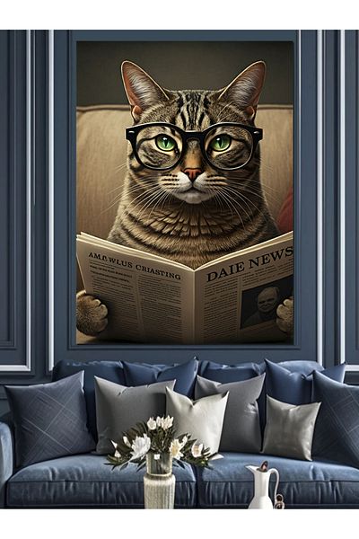 Tablomega Stylish Cat Reading Newspaper Decorative Canvas - Mdf Wooden Painting