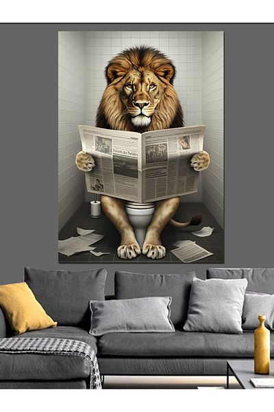 Tablomega Lion Reading Newspaper in the Toilet Decorative Canvas - Mdf Wooden Painting