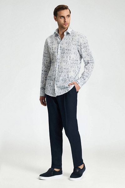 Hemington Pure Cotton Paisley Pattern White-Navy Blue Shirt