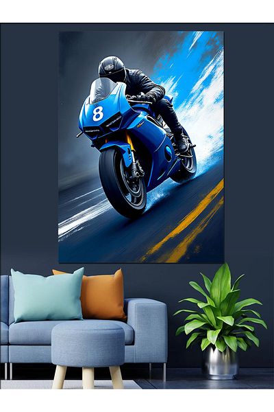Tablomega Blue Motor Speed ​​Decorative Canvas - Mdf Wooden Painting