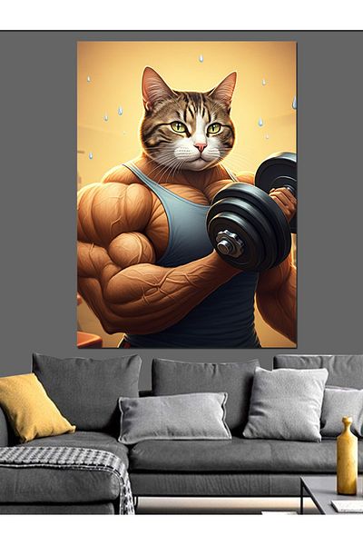 Tablomega Muscular Cat and Barbell Decorative Canvas - Mdf Wooden Painting