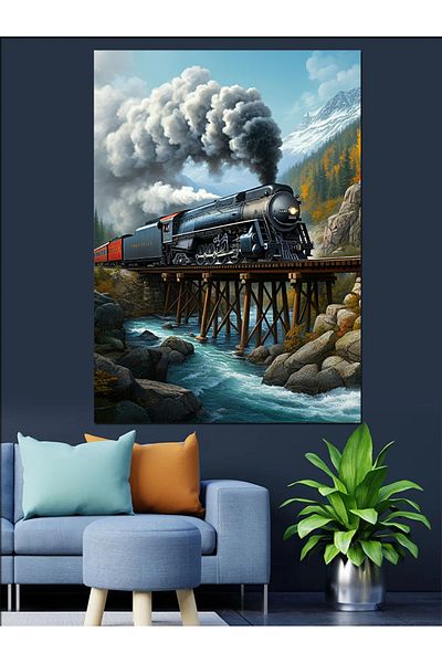 Tablomega Train and Bridge Decorative Canvas Inside Nature - Mdf Wooden Painting