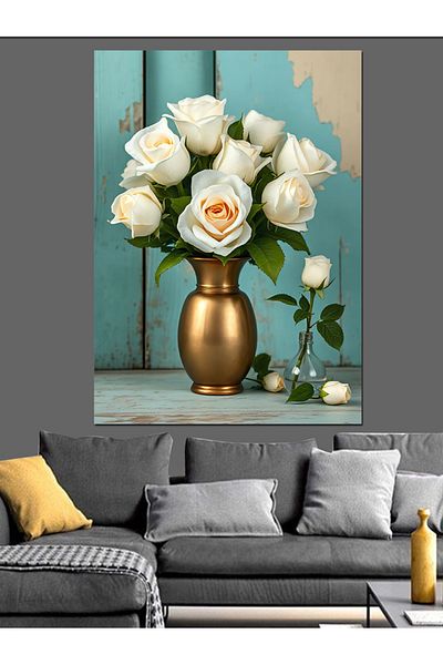 Tablomega White Roses in Vase Decorative Canvas - Mdf Wooden Painting