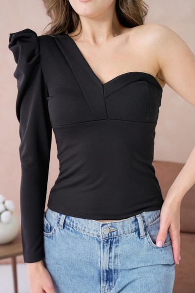 bayansepeti Women's Black Padded Single Shoulder Detailed Low-Cut Blouse 3617