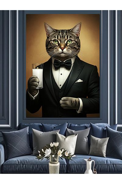 Tablomega Elegant Cat and Goblet Decorative Canvas - Mdf Wooden Painting