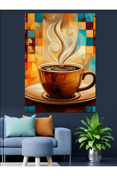 Tablomega Stylish Coffee Presentation and Patterns Decorative Canvas - Mdf Wooden Table