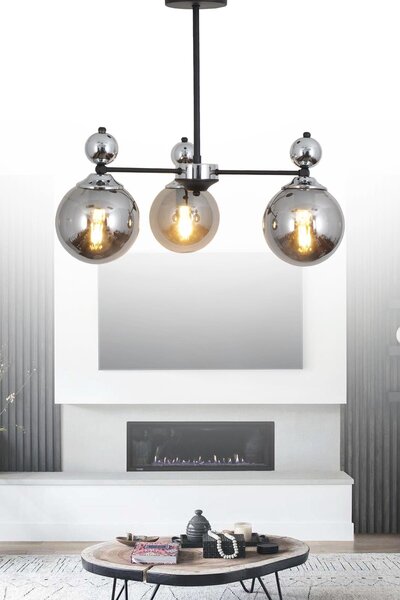 Taşcan Aydınlatma Lesvos 3 Lü Siyah Krom Avize-Füme Camlı Dekoratif Tasarım Y...