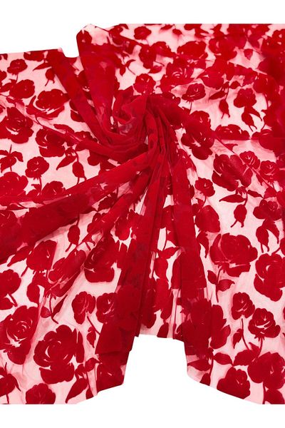 Esterella Embossed Rose Pattern Dream Tulle / Red Dream Tulle / Patterned Dream Tulle Width : 140 cm