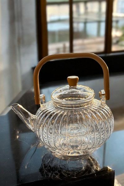 morponi Borosilicate Glass Bamboo Handle Daisy Teapot with Glass Strainer and Glass Heater 1000 ml