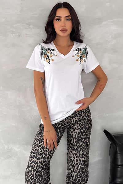 FEMELLE Women's White V-Neck Shoulder Flower Sequin Sequin Embroidered 100% Cotton T-Shirt